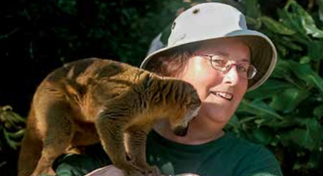 Donna Farley hanging out with lemurs in Madagascar.
                  