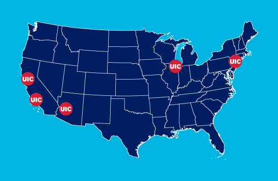 A map of the United States showing UIC over Chicago, New York, Los Angeles, San Francisco and Phoenix areas