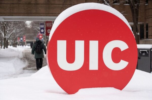 UIC red logo with snow on top.